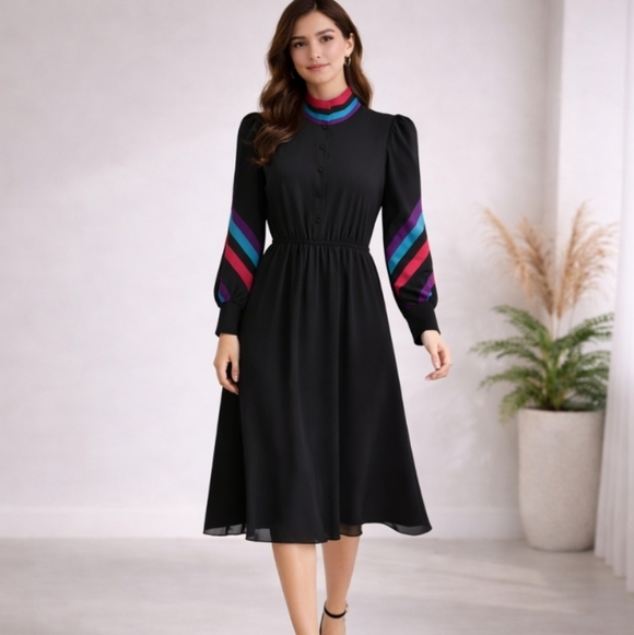 Benee | Vintage Black Semi-Sheer Midi Dress | Red & Turquoise Accent Collar - Picture 8 of 12